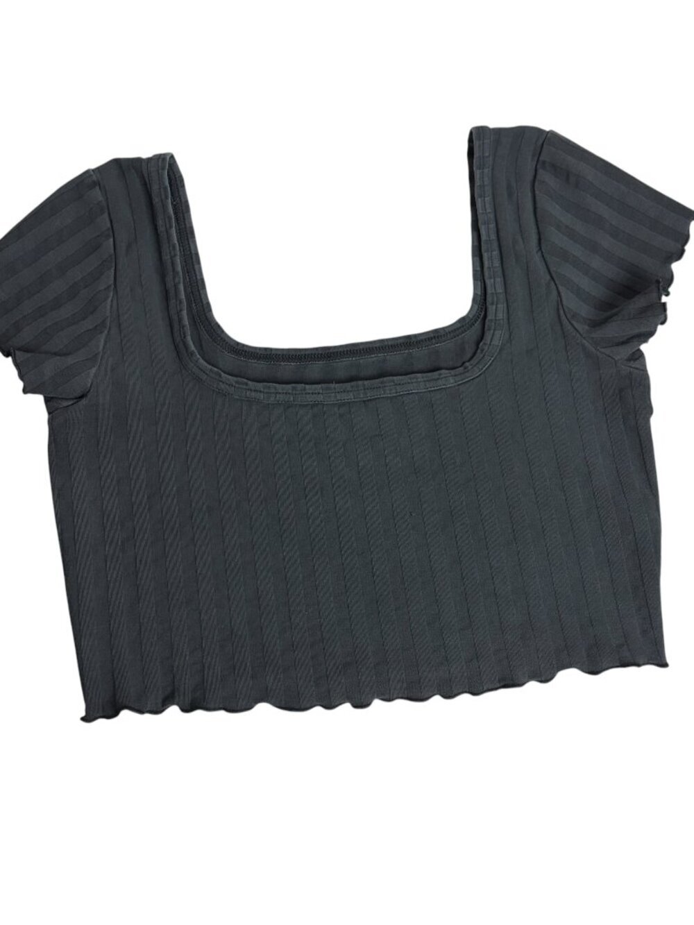 Aerie Offline Size M Groove Crop Tee Shirt Grey Ribbed Square Neck Lettuce Hem - Picture 4 of 7